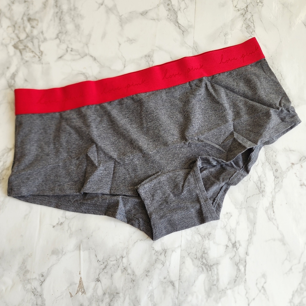 Pink by Victoria Secret red grey plaid SHORTIE logo band size M - Picture 2 of 5